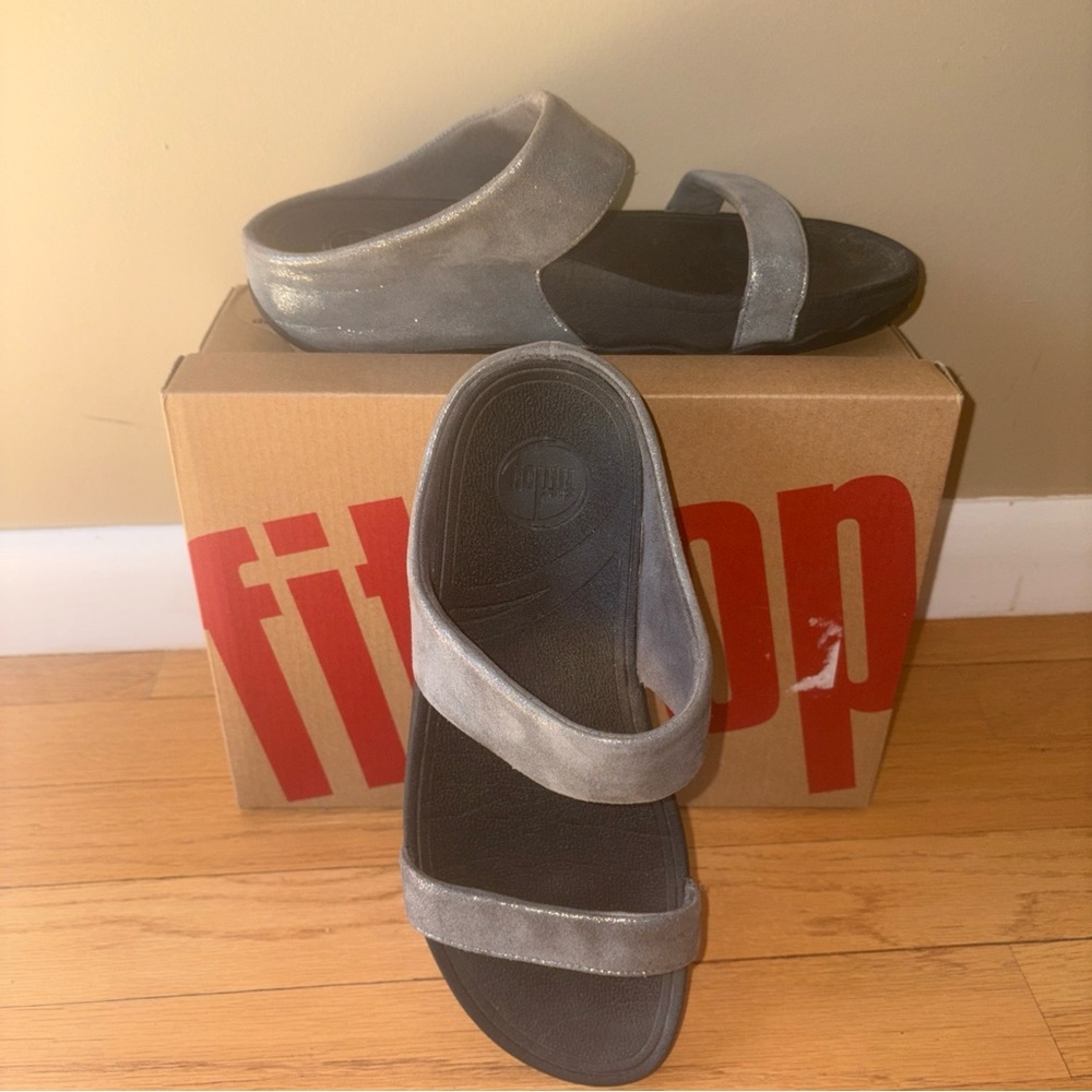 Fitflop Metallic Silver Two-Strap Slide Sandals size 9